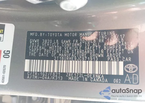 2018 Toyota Corolla Le z USA, uszkodzony, nr VIN 2T1BURHE9JC971913